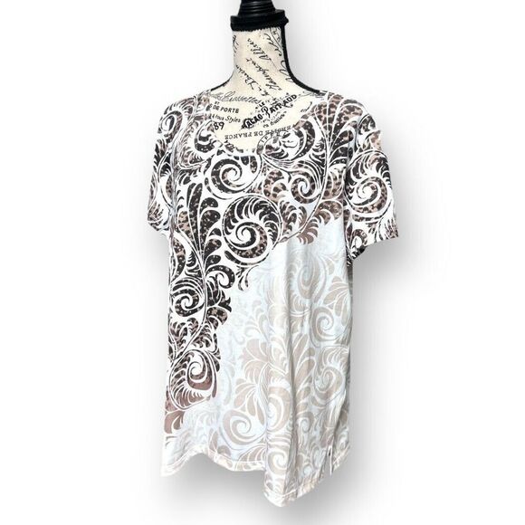 Chico's Zenergy 3 XL Brown White Scroll Top Beaded Stretch Knit Boho Blouse NWT - Picture 4 of 10
